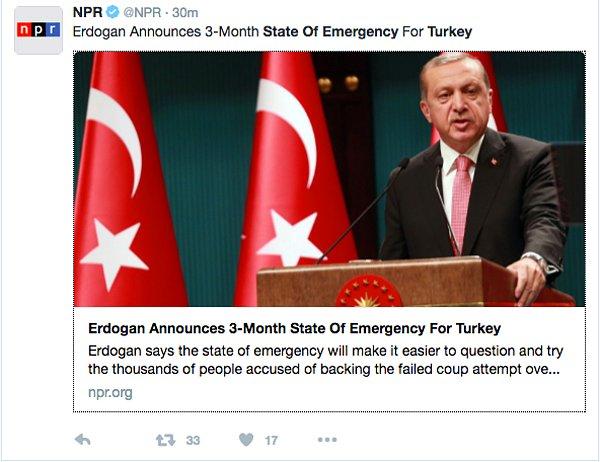 NPR: Erdoğan, Türkiye İçin 3 Ay Boyunca OHAL İlan Etti