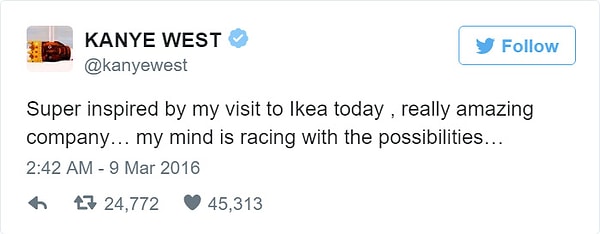 В марте американский рэпер Канье Уэст в своем твитте признался IKEA в любви.