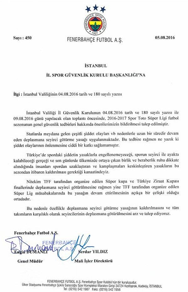 Fenerbahçe'nin 5 Ağustos'ta gönderdiği yazı