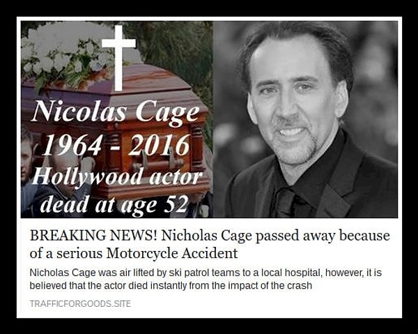 9. Предполагается, что Николас Кейдж ехал на своем мотоцикле, когда попал в аварию. На Facebook выложили фото Кейджа рядом с гробом.