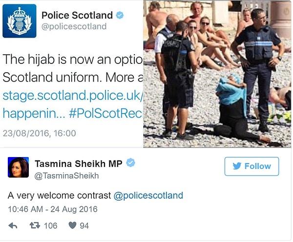 İskoçya Ulusal Partisi milletvekili Tasmina Sheikh gelişmeyi Fransa'daki polisin başörtüsü tutumuna karşı 'oldukça hoş karşılanan bir zıtlık' olarak değerlendirdi.