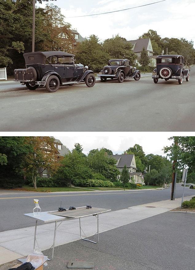 1. Miniature car models create realistic historical photos