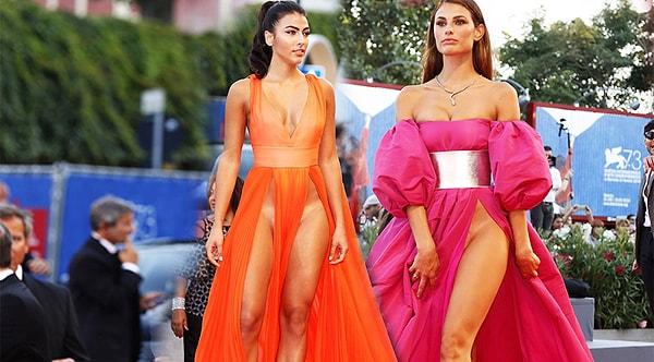 İtalya'nın Venedik şehrinde gerçekleştirilen 73. Venedik Film Festivali'nin kırmızı halı töreninde, modeller Guilia Salemi ve Dayane Mello'nun derin yırtmaçlı kıyafetleri damga vurdu.