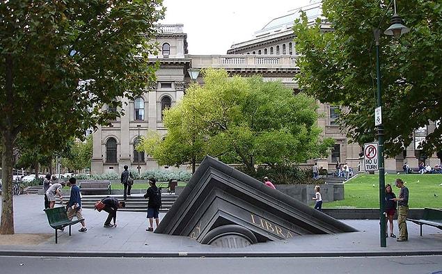 16. Sinking Building Outside State Library, Melbourne, Australia