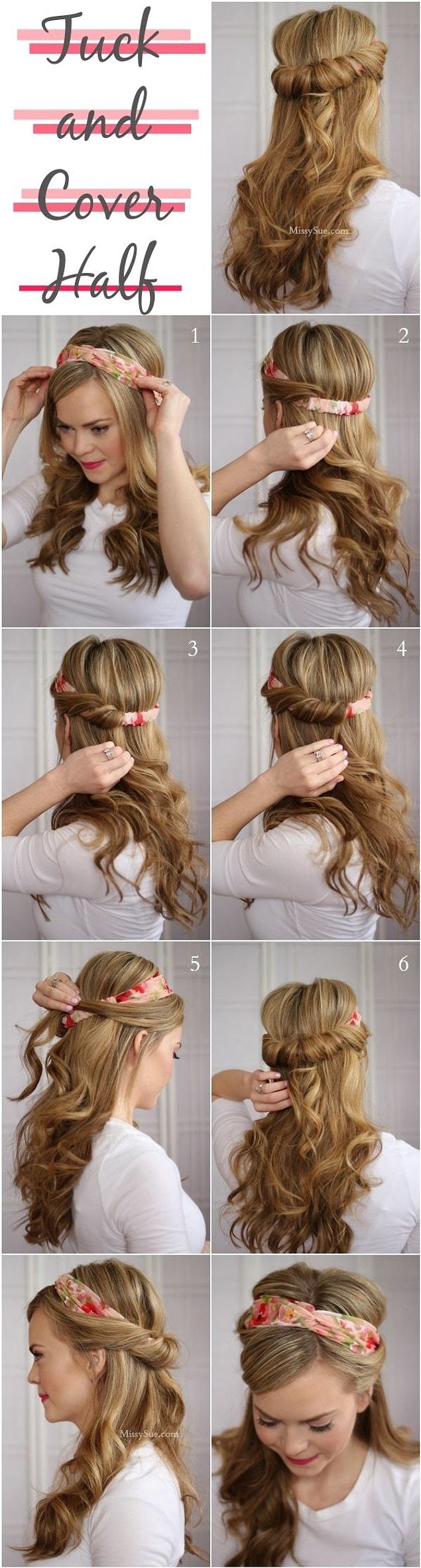 6. Or you can twist and tuck your hair into a hairband to cover it.