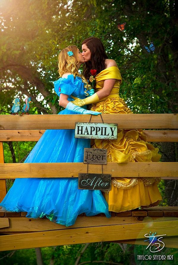 Minnesota'daki nişanlarını prenses temalı bir şekilde kutlayan Yalonda and Kayla Solseng çifti bu mutluluklarını harika foroğraflarla belgelediler. Kayla, "Güzel ve Çirkin"deki Belle karakteri gibi giyinirken, Yolanda mavi elbisesini giyerek Cinderella olmayı tercih etti.
