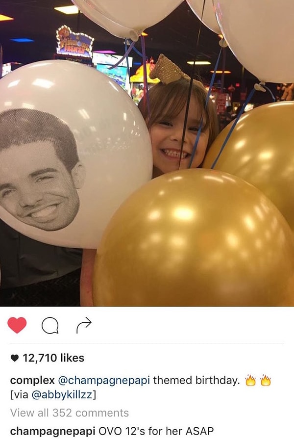 Когда популярный журнал Complex опубликовал снимки с дня рождения девочки, случилось невероятное - сам Дрейк лично оставил свой комментарий! Он написал: "Девочке срочно OVO 12s*, пожалуйста!".