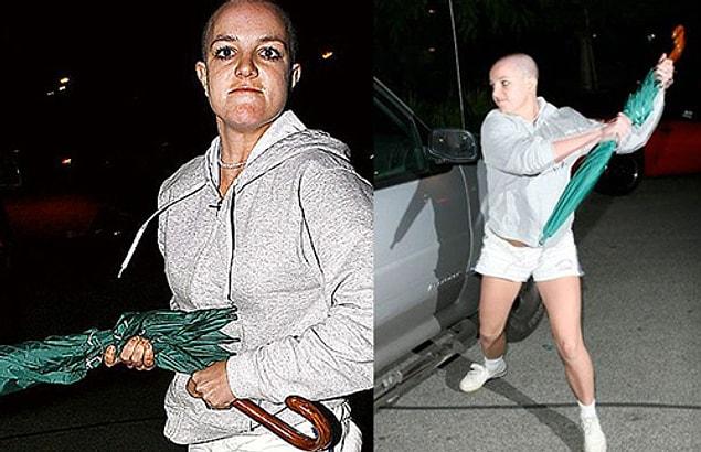 13. 2007 was rich in scandals. The bald Britney showed up at her husband's place to see her kids, and when he didn't agree to it, Britney had a nervous breakdown and started attacking the car with an umbrella.