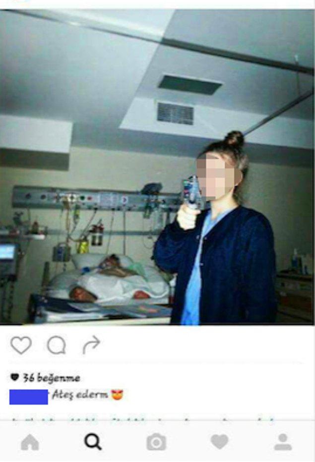 Ve yine aynı şekilde arka planda yoğun bakımda yatan bir hastanın olduğu bu fotoğrafı da "Ateş ederim" notuyla paylaşmış hemşire Eren G.