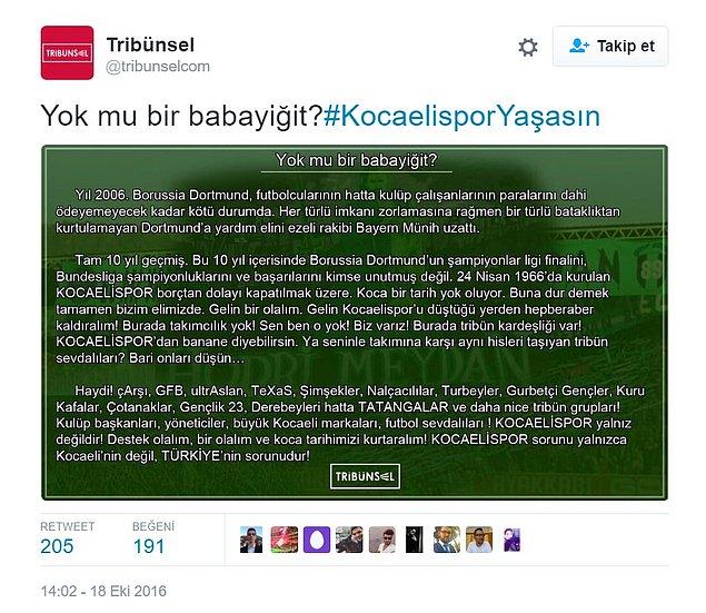Kocaelispor'un borcunun ödenmesi için diğer kulüpler ve taraftar gruplarına çağrıda bulunuldu