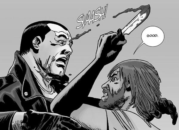 Birkaç başarısız denemeden sonra Rick, Negan'ı korumasız bir şekildeyken sıkıştırır ve boğazına bıçakla bir kesik atar ancak Negan ölmez.