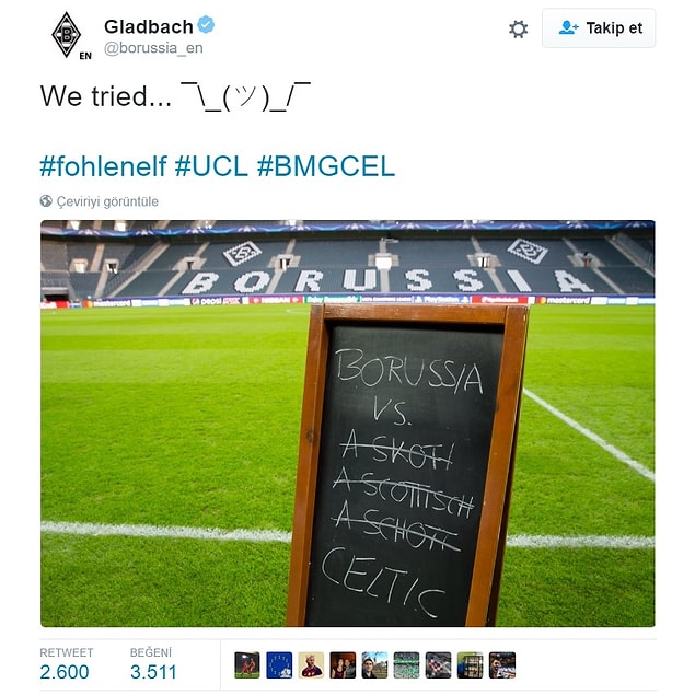 Aradan 2 hafta geçti ve bu sefer maç Almanya'da... Alman ekibi, sahadaki tahtaya 'İskoç ekibi' yazmayı deniyor, olmayınca da Celtic yazıveriyor 🙂