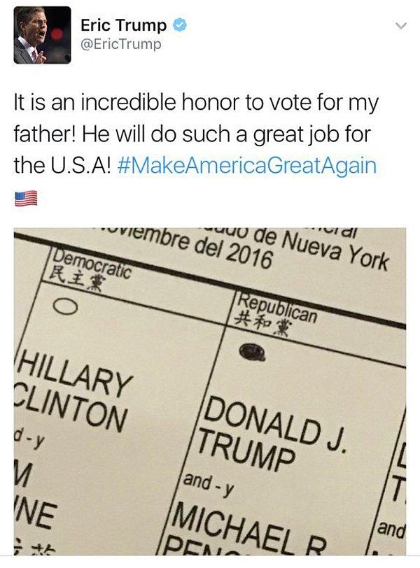 Trump'ın oğlu, oy pusulasını sosyal medyada paylaştı
