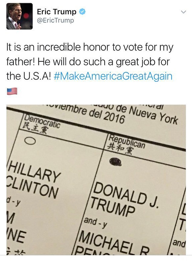 Trump'ın oğlu, oy pusulasını sosyal medyada paylaştı