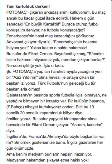 Hıncal Uluç da köşe yazısında Fotomaç'a destek çıkarken, Fikret Orman'ı Aziz Yıldırım özentisi olmakla suçladı.