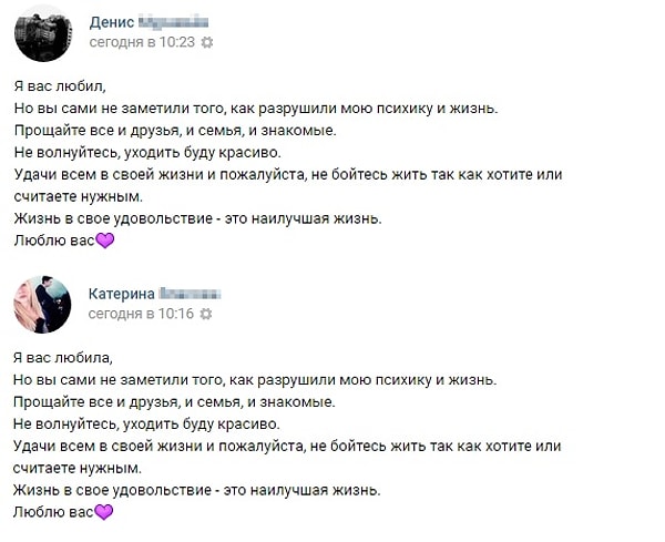 2. Утром 14 ноября они опубликовали в соцсетях одинаковые предсмертные записки. Подростки обвинили окружающих в «разрушении их психики и жизни» и пообещали «уйти красиво»