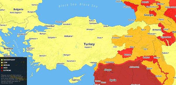 Türkiye'de ise batı ve İç Anadolu bölgelerini orta seviyede risk faktörü olarak niteleyen araştırma, doğu kesimleri turuncu renkte gösterdi. Diyarbakır, Şırnak ve Hakkari ise çok yüksek risk ifade eden kırmızı renkte.