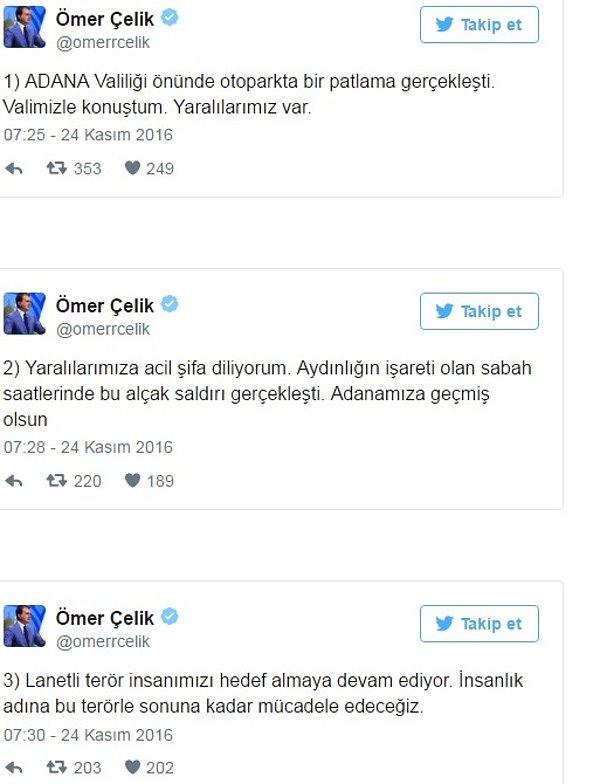 İlk açıklama AB Bakanı Ömer Çelik'ten gelmiş, Çelik terör saldırısına işaret etmişti...