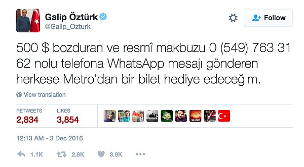 13. Cumhurbaşkanı ve hükümete yakınlığıyla bilinen Galip Öztürk de bu tweetle destekte bulundu.