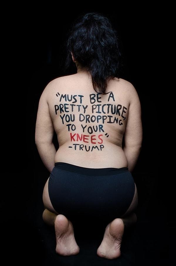 Final projesinde siyasi fikirlerini yansıtmaya karar veren Aria Watson'ın fotoğraflarında vücutlarında Trump'ın kadınlar hakkında ve kadınlara kurduğu cümleler yer alıyor.