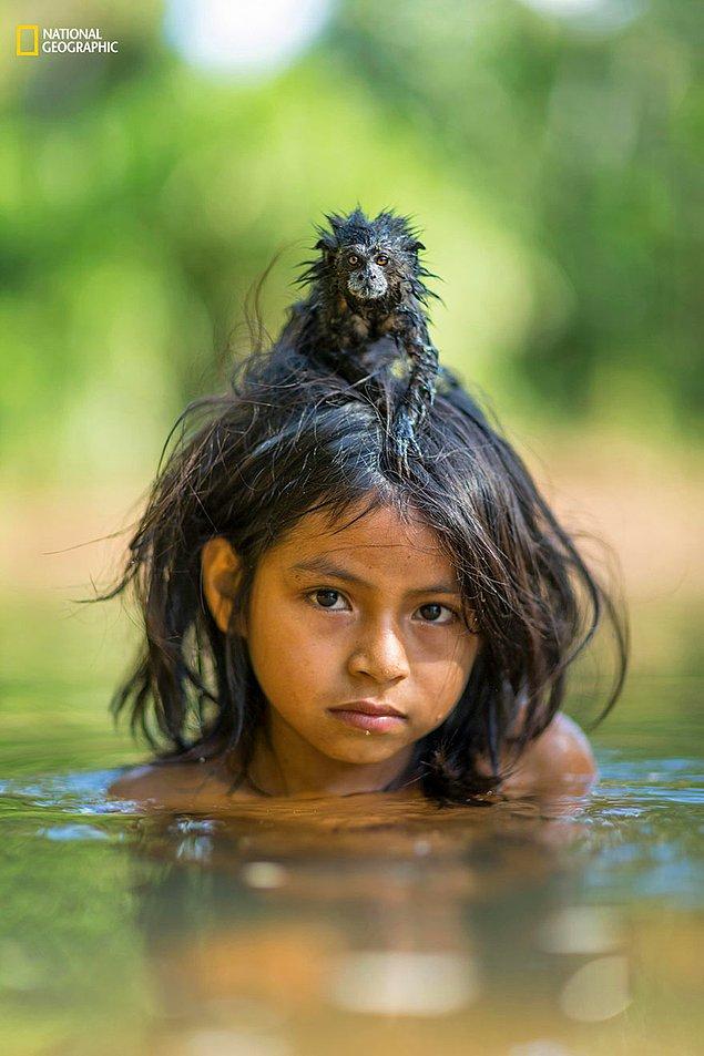 1. Peru’s Manú Milli Park'ında Yomibato Nehri'nde dalış yapan kızın kafasına konan pembe maymun.