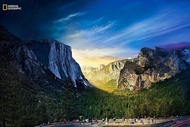 4. Fotoğrafçı Stephen Wilkes, Yosemite Milli Parkı'nın dağ eteğinde günden geceye geçişin bu kompozisyonu yaratmak için 26 saatten daha uzun sürede toplam 1.036 fotoğraf çekti.