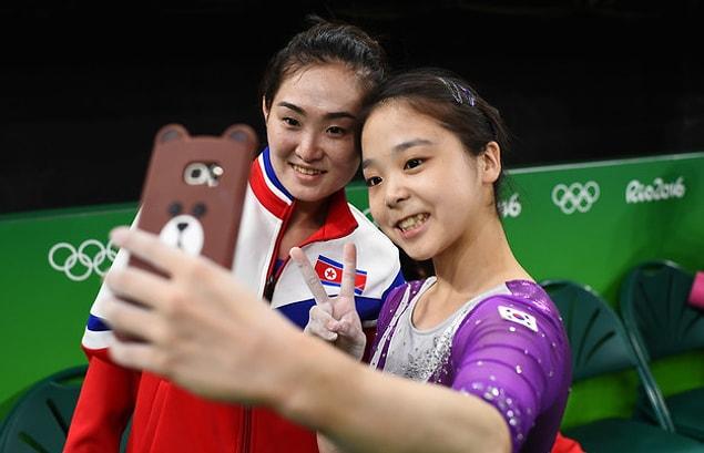 5. A North Korean and a South Korean gymnast taking a selfie together at the Rio Olympics.