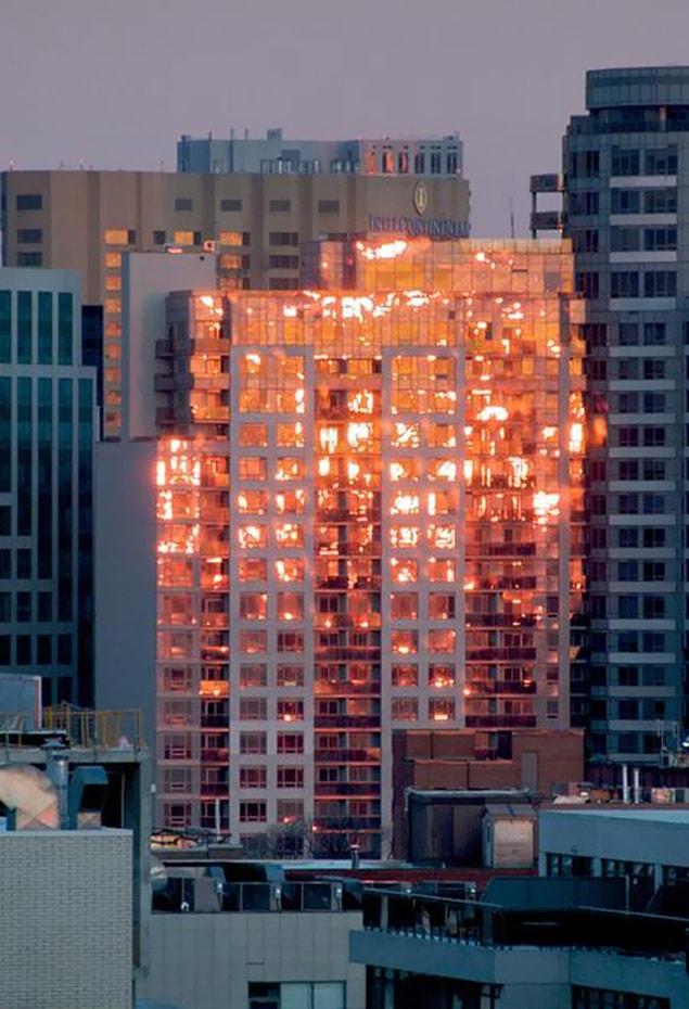 6. This building isn't burning, it's a reflection of the sunset!