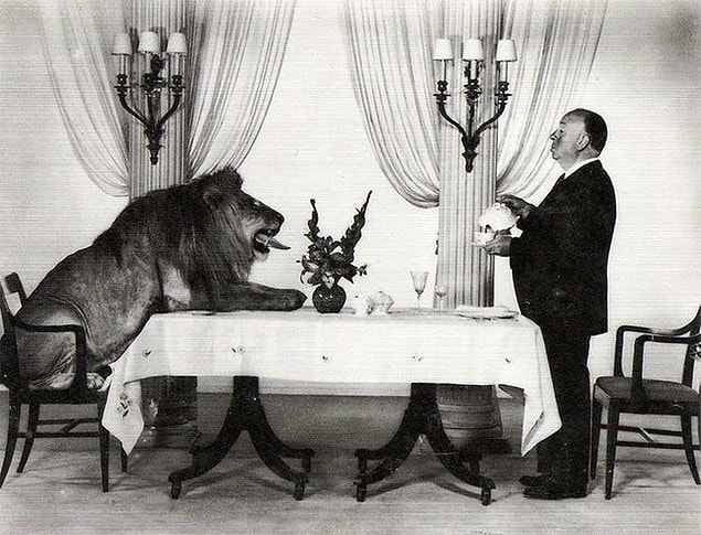 4. Alfred Hitchcock and Leo the Lion are drinking tea in the Metro-Goldwyn-Mayer Studios.