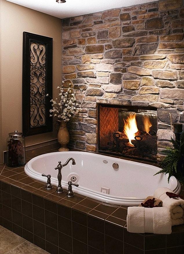 1. A bathroom with a fireplace