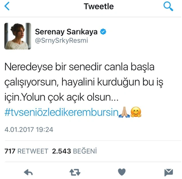 Serenay Sarıkaya, sevgilisi Kerem Bürsin'e yeni başlayan dizisi için Twitter'dan destek verdi.