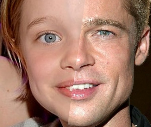 13. Взяв фото Брэда Питта в молодости и фото его дочери Шайло, мы можем наблюдать передавшийся ей очаровательный взгляд отца