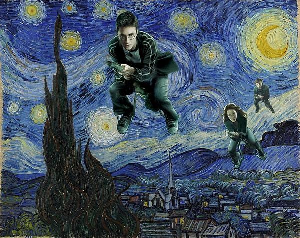 2. Yıldızlı Gece (Vincent van Gogh) + Harry Potter, Hermione, Ron (Harry Potter)