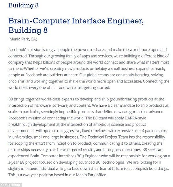 Bir iş ilanında; B8 departmanında 2 yıl süreli görev yapacak ileri seviye beyin bilgisayar arayüz teknolojileri geliştirmek üzere 'Beyin-bilgisayar arayüzü mühendisi' aranıyor.