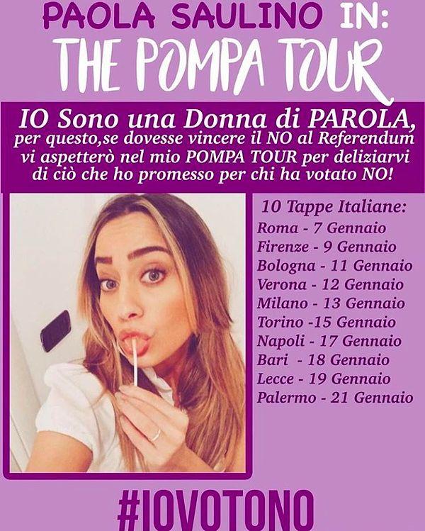 Paola, who calls this "Pompa Tour," goes door-to-door and gives blowjobs to the Italian men who voted "no" in the referendum.