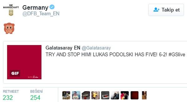 2. Almanya Milli Takım hesabının, Podolski'nin attığı 5 gole tepkisi;