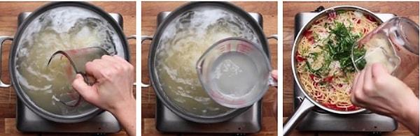 5. Makarnayı süzdükten sonra kalan suyu sos yapmak için kullanabilirsiniz.