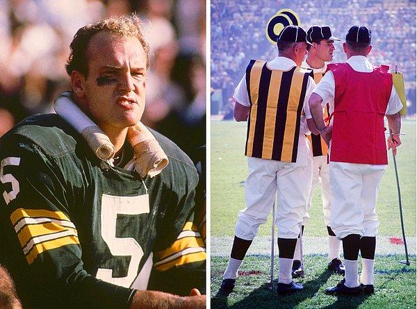 12. Yaralanma nedeniyle maçtan çıkan Green Bay Packers oyuncusu Paul Hornung (solda), Super Bowl'u saha dışından izliyor. Bir grup yetkili (sağda) oyun hakkında konuşuyor;
