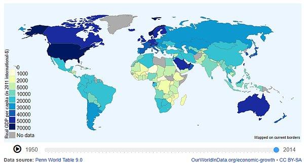 14. Son olarak, kişi başına düşen reel gayri safi yurt içi hasılanın ülkelere göre dağılımı: