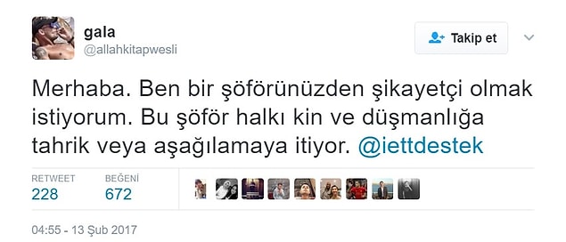 Twitter'daki İETT destek hattına bu şekilde bir şikayet geldi.