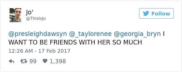 Dawsy, Georgia'nın kendisine casusluk yaptığı fotoğrafı Twitter'da "En yakın arkadaşın ilk randevunun iyi gittiğinden emin olmak istediğinde" diyerek paylaştı. Gönderi patladı ve paylaşıldığı günden bu yana 491 bin beğeni, 217 bin retweet aldı.