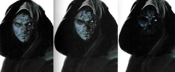 Anakin'in neden dönmesi gerektiğine dair biraz da ipuçlarına bakalım: The Force Awakens için yapılan konsept çizimlerden birinde de, Anakin Skywalker'ın Darth Vader maskesi ardındaki hasarlı yüzünü görüyoruz.
