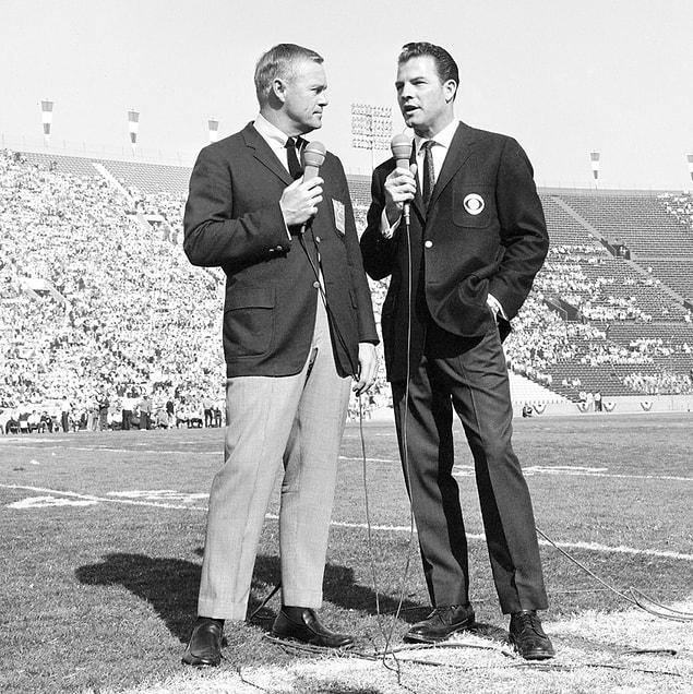 3. Sports commentators Paul Christman for NBC (left) and Frank Gifford for CBS discuss the game on national television.