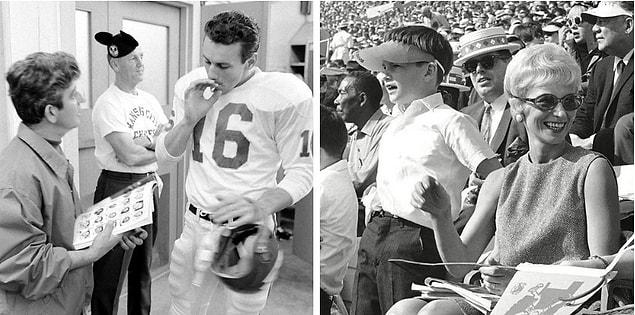 6. In the locker room, Len Dawson (left), quarterback for the Kansas City Chiefs, smokes a cigarette as he speaks to an unidentified man with a program book before the game. Jackie Dawson (right), Dawson’s wife, prepares to watch the Super Bowl with her children.