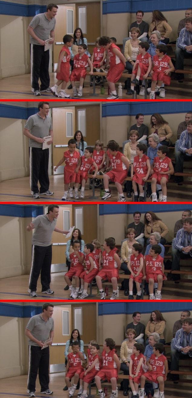 14. In the episode "Murtaugh," Marshall is coaching a children's basketball team. In one scene, one kid appears to blow or spit in the eye of another kid who tried to scoot him out of his seat.
