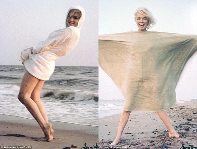 These images, taken on July 13, 1962, show the starlet frolicking in a white bathrobe and a towel on a Santa Monica Beach.