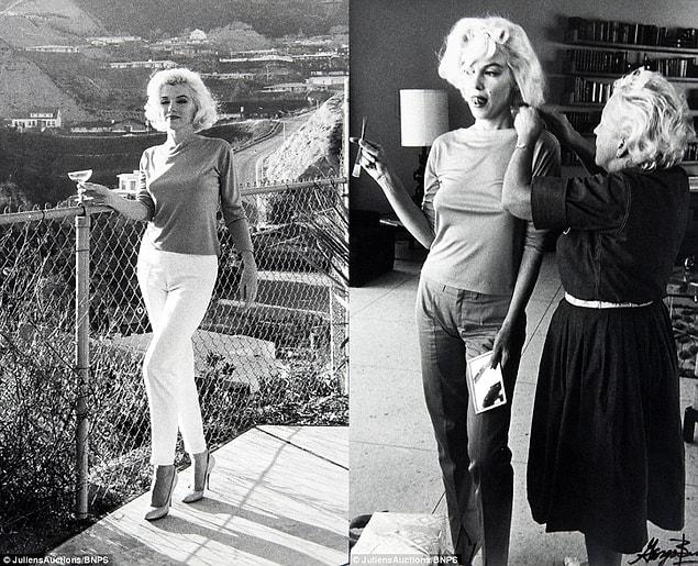 The candid snaps show a relaxed Monroe getting her hair done and holding a cocktail glass.