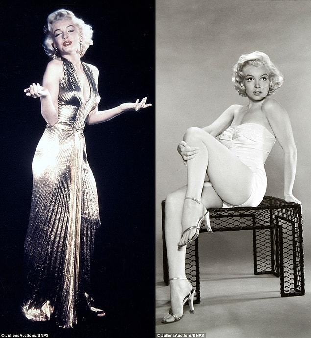 The star posed in a showstopping gold gown in one shot by Ed Clark (left), and slipped into an ivory ruched swimsuit and gold heels for another by Nick de Morgoli (right) Marilyn Monroe at President Kennedy's birthday party in 1962.