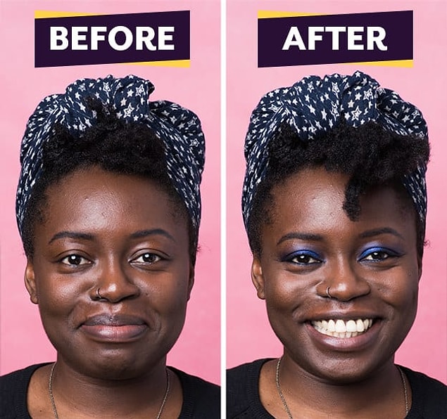 Sir John said Bim had perfect skin so he skipped the foundation and focused on creating this bold blue eye. So here's her before and after!