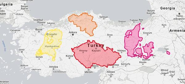 7. Konya kadar ülke! Bu da Türkiye içine rahatça sıkışan Avrupa ülkeleri. Hollanda (sarı), Belçika (turuncu), Çekya (kırmızı), Danimarka (pembe).